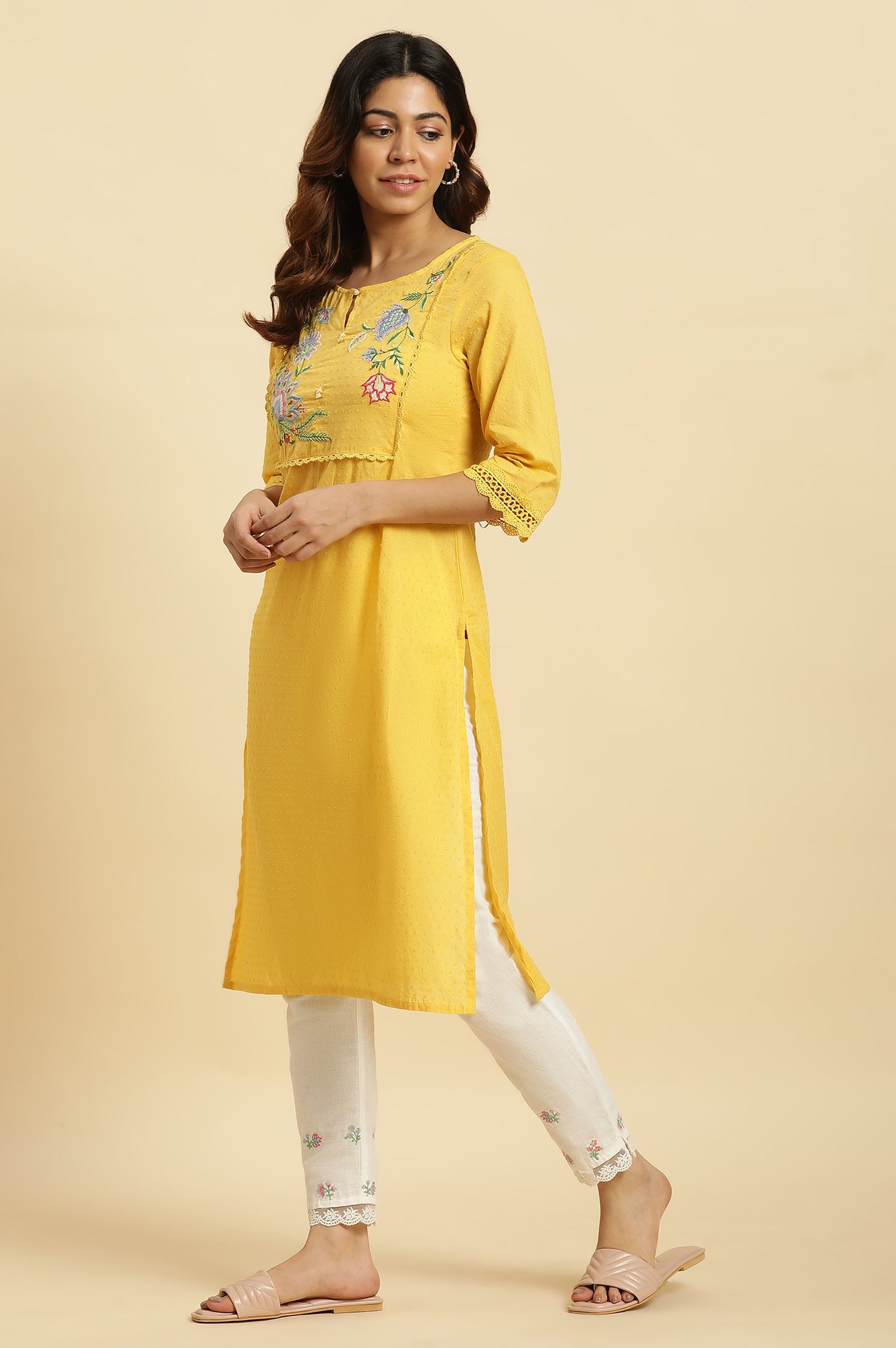 Yellow Cotton Swiss Dot Embroidered Kurta  - wforwoman
