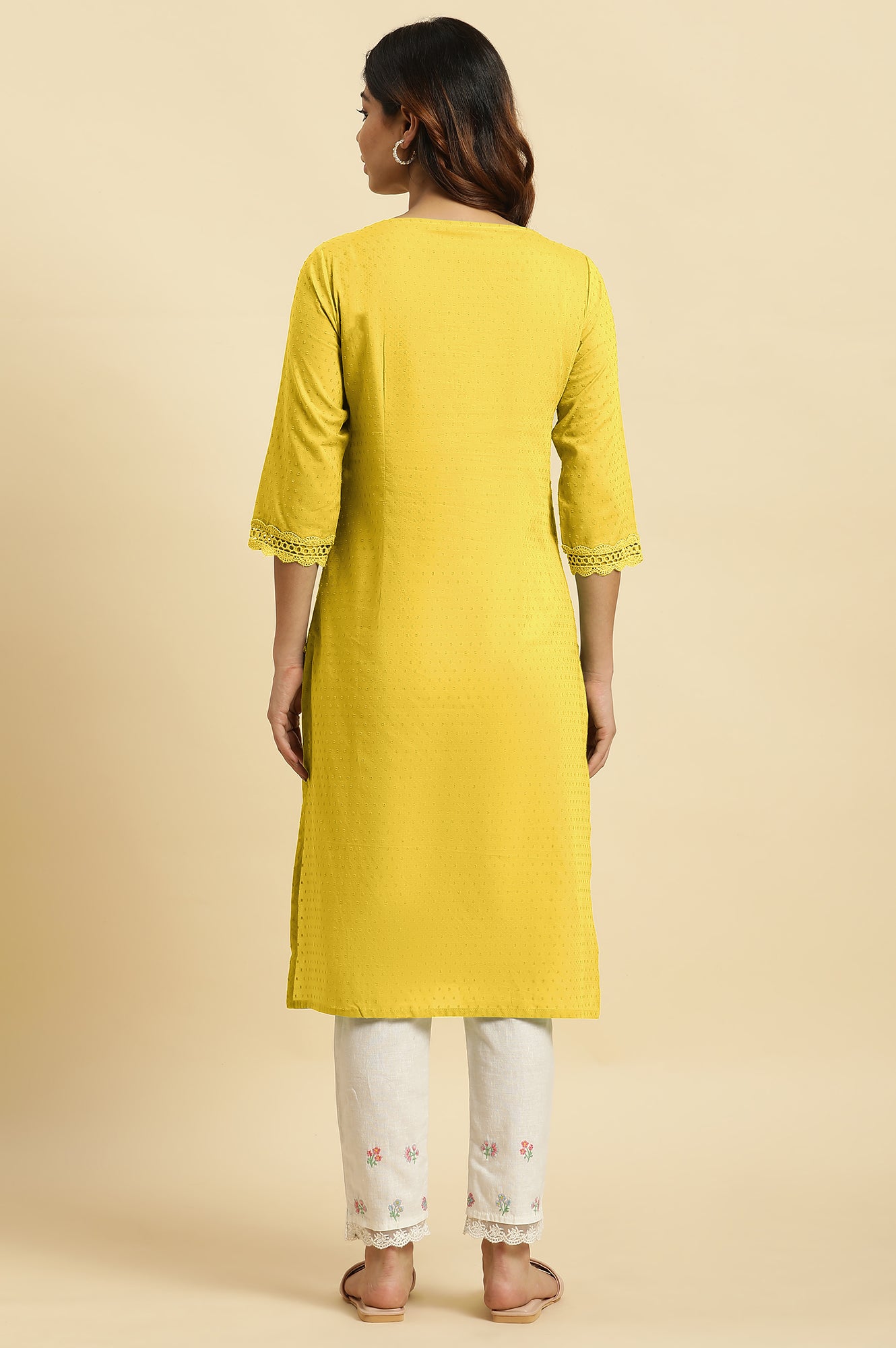 Yellow Cotton Swiss Dot Embroidered Kurta  - wforwoman