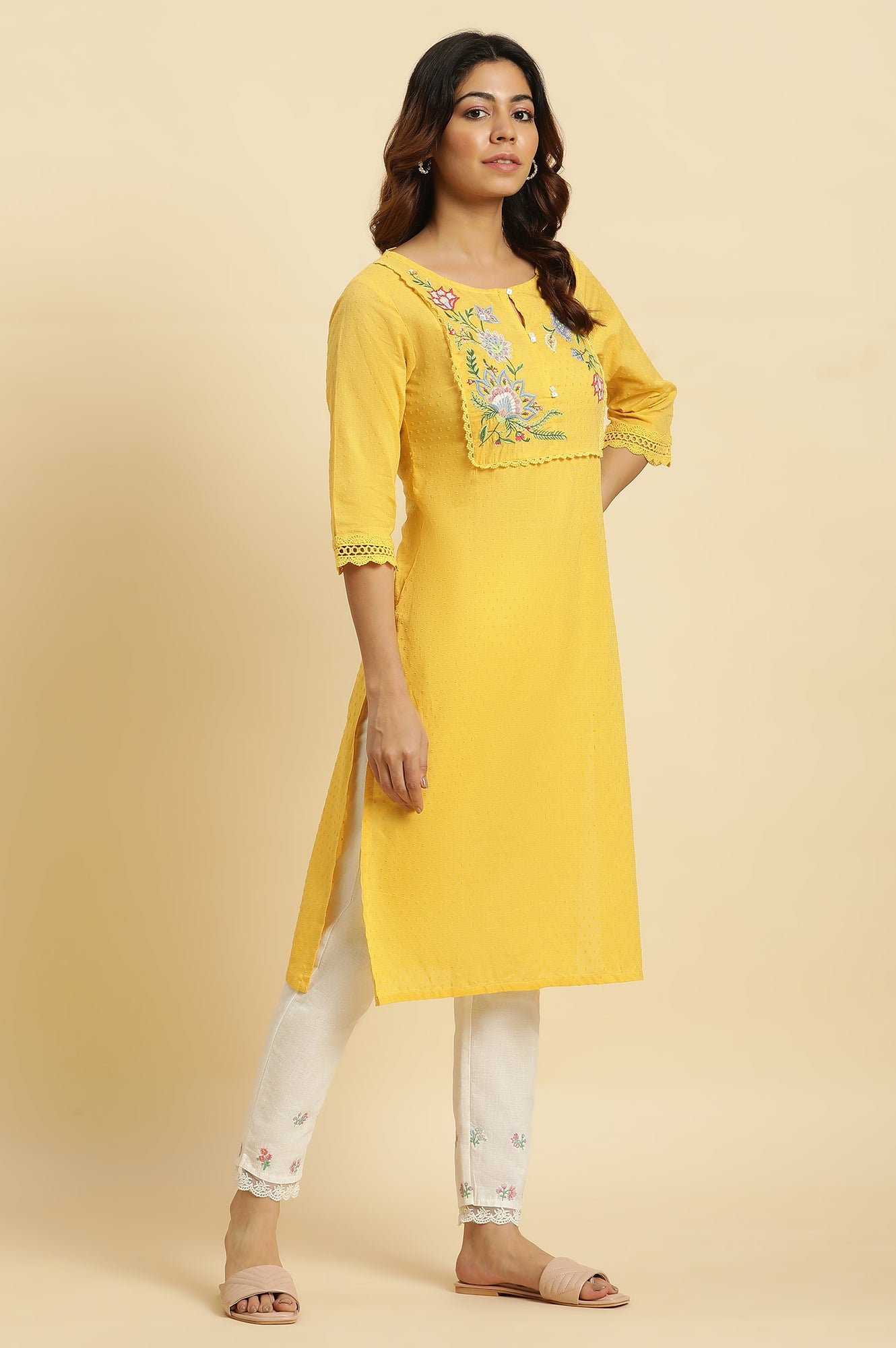 Yellow Cotton Swiss Dot Embroidered Kurta  - wforwoman