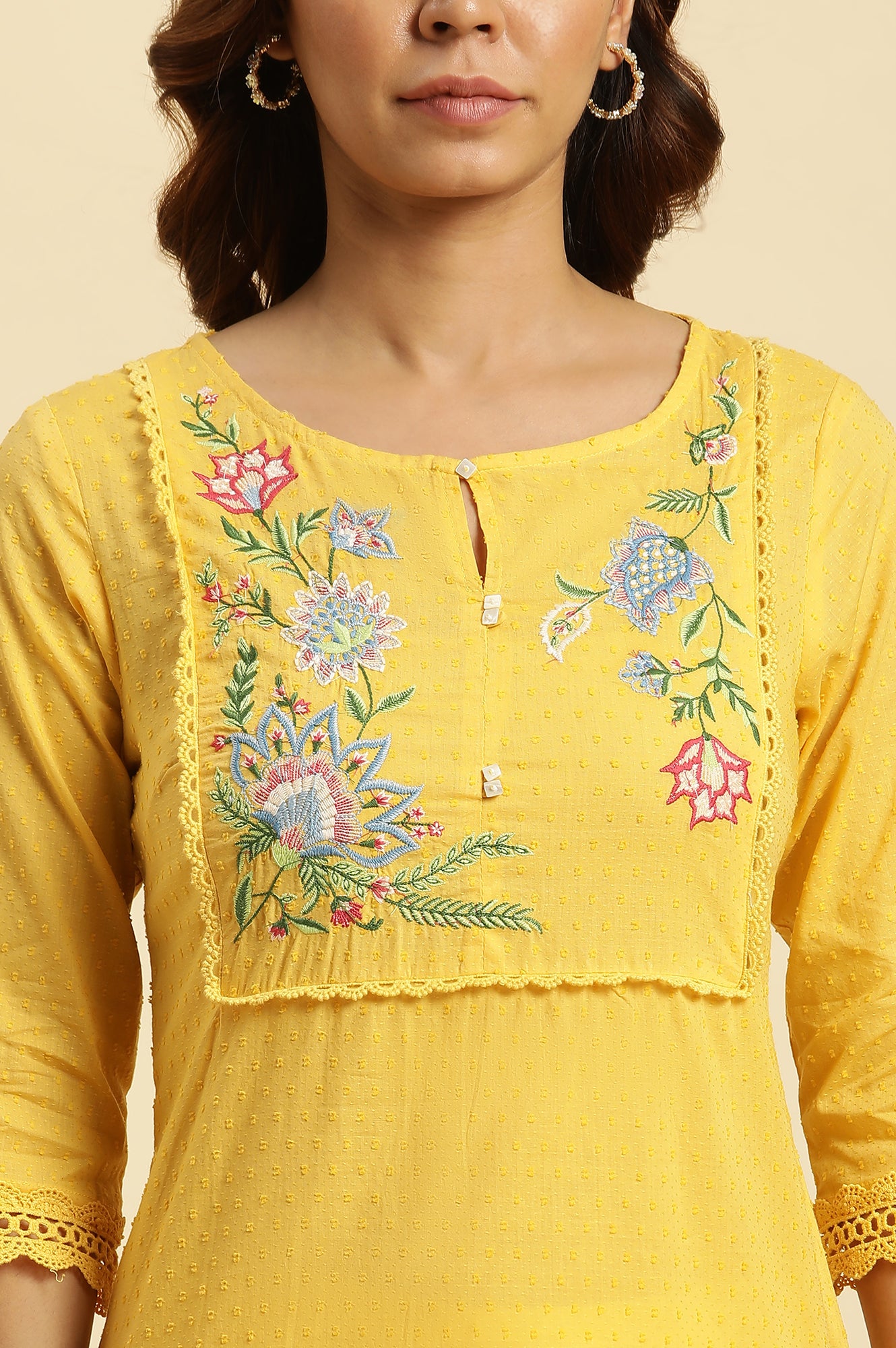 Yellow Cotton Swiss Dot Embroidered Kurta  - wforwoman