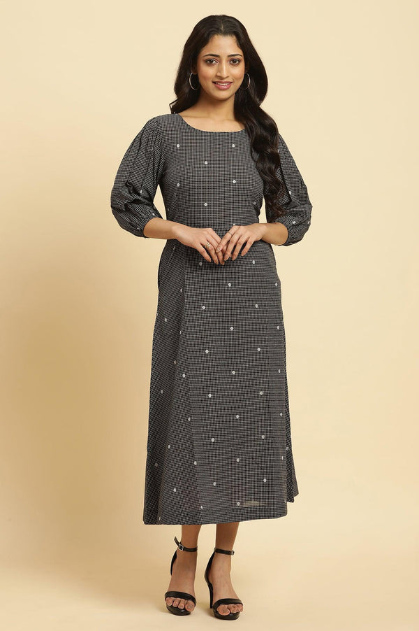 Black Polka Dot Printed Western Dress With Puff Sleeves