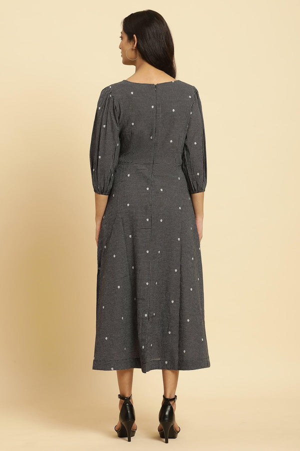 Black Polka Dot Printed Western Dress With Puff Sleeves