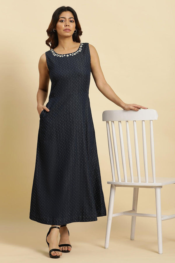 Blue Cotton Sleeveless Embroidered Western Dress