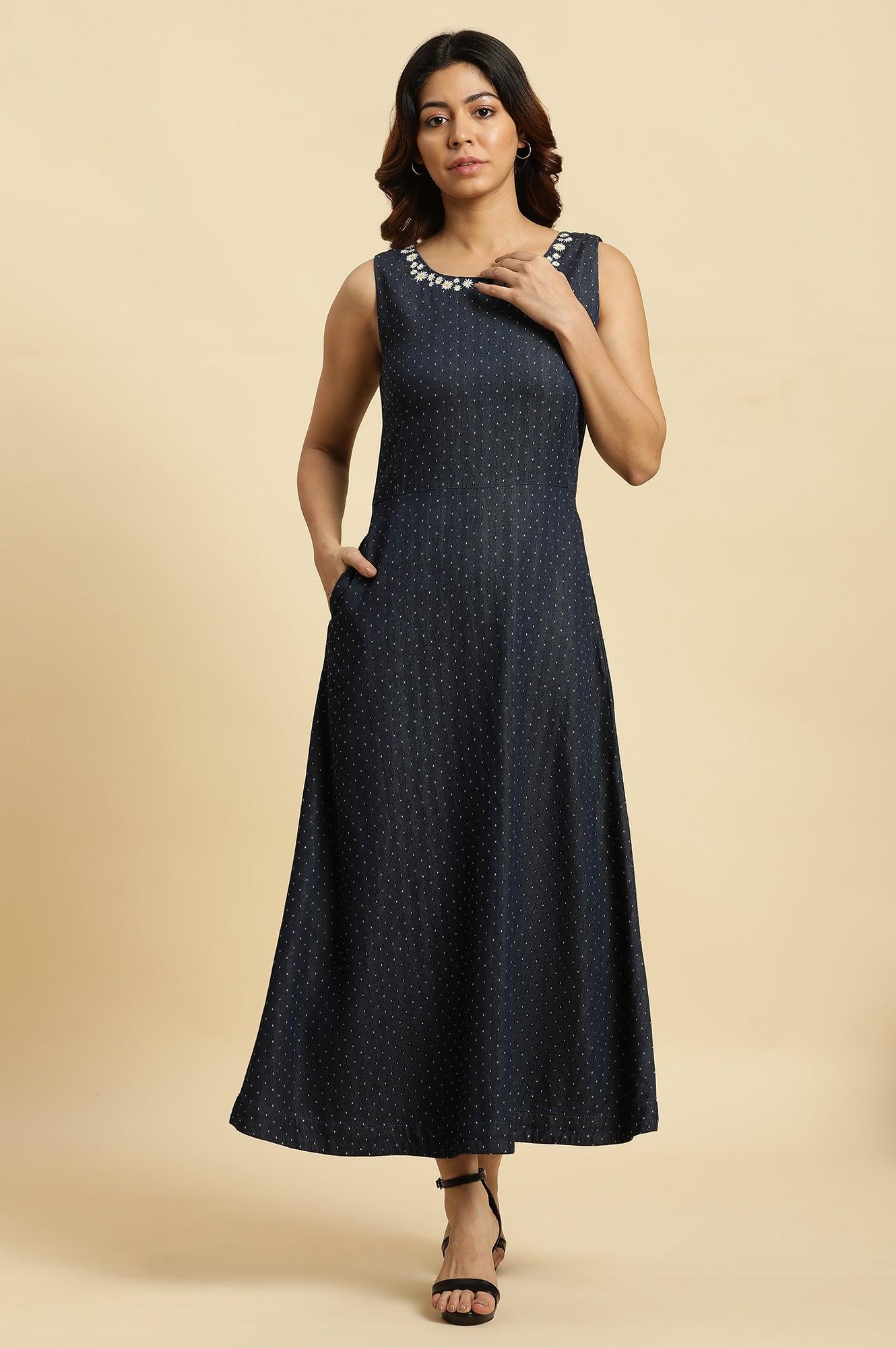 Blue Cotton Sleeveless Embroidered Western Dress - wforwoman