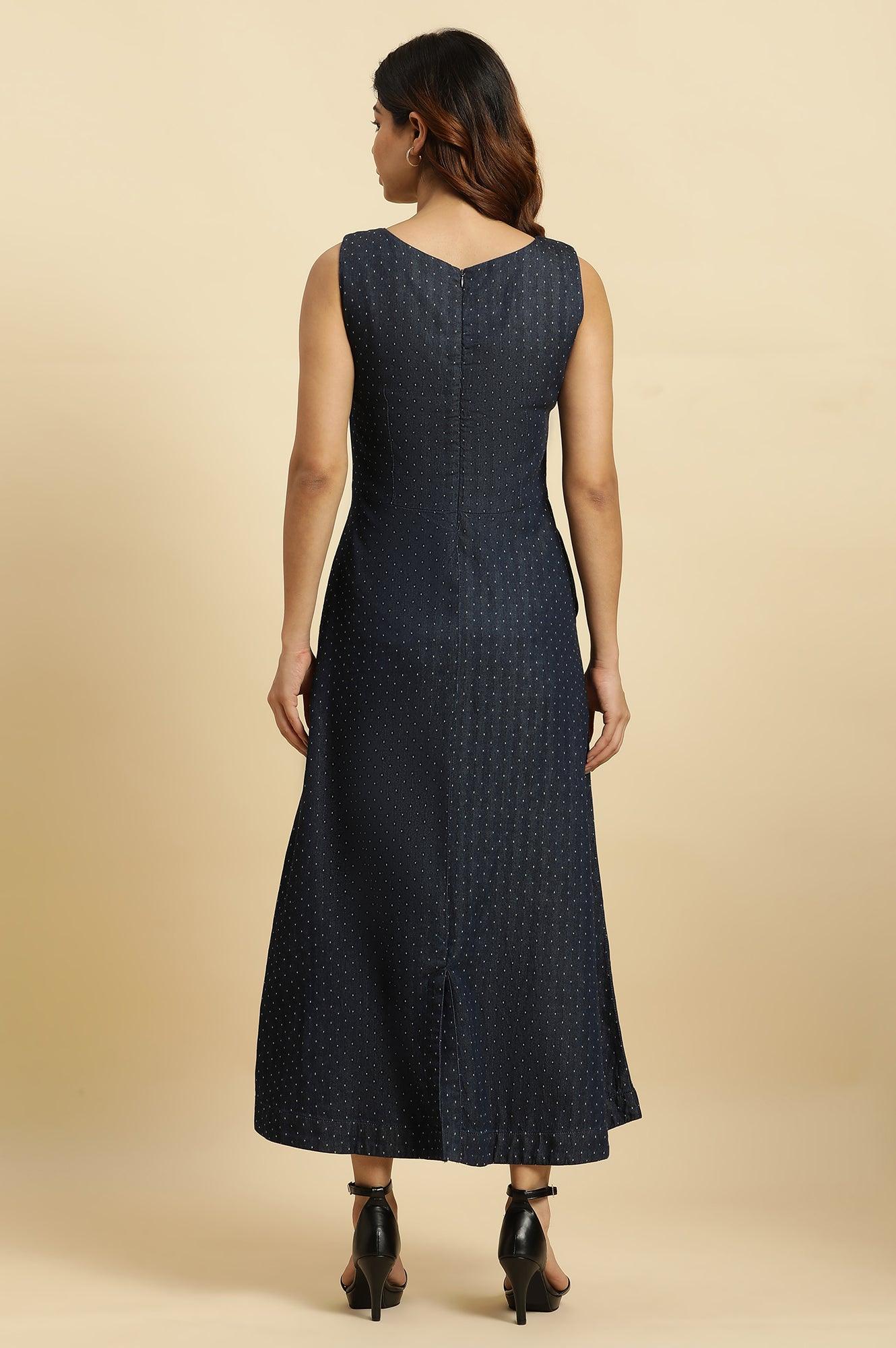 Blue Cotton Sleeveless Embroidered Western Dress - wforwoman