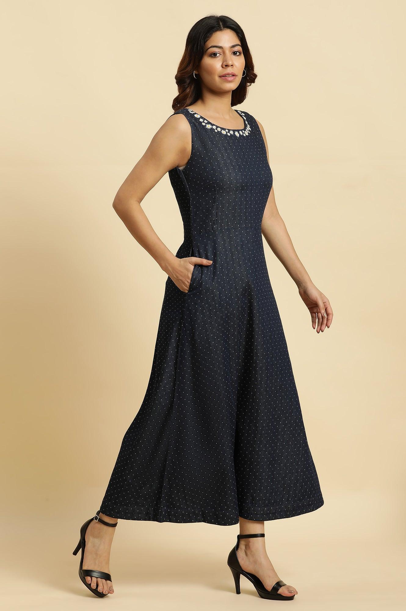 Blue Cotton Sleeveless Embroidered Western Dress - wforwoman