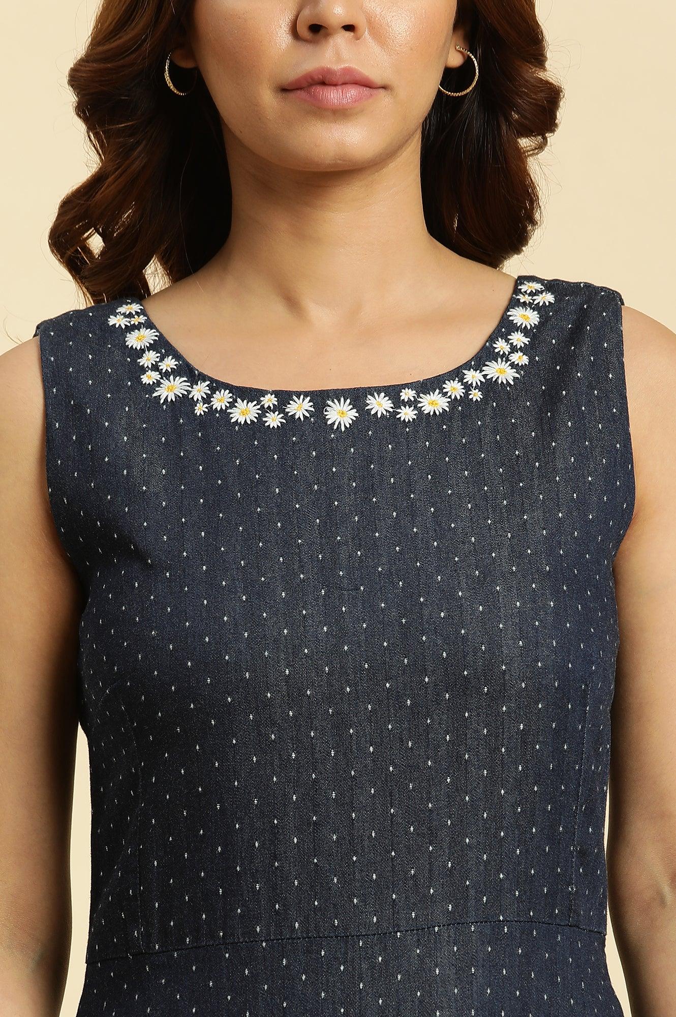 Blue Cotton Sleeveless Embroidered Western Dress - wforwoman