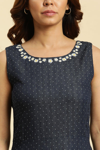 Blue Cotton Sleeveless Embroidered Western Dress - wforwoman
