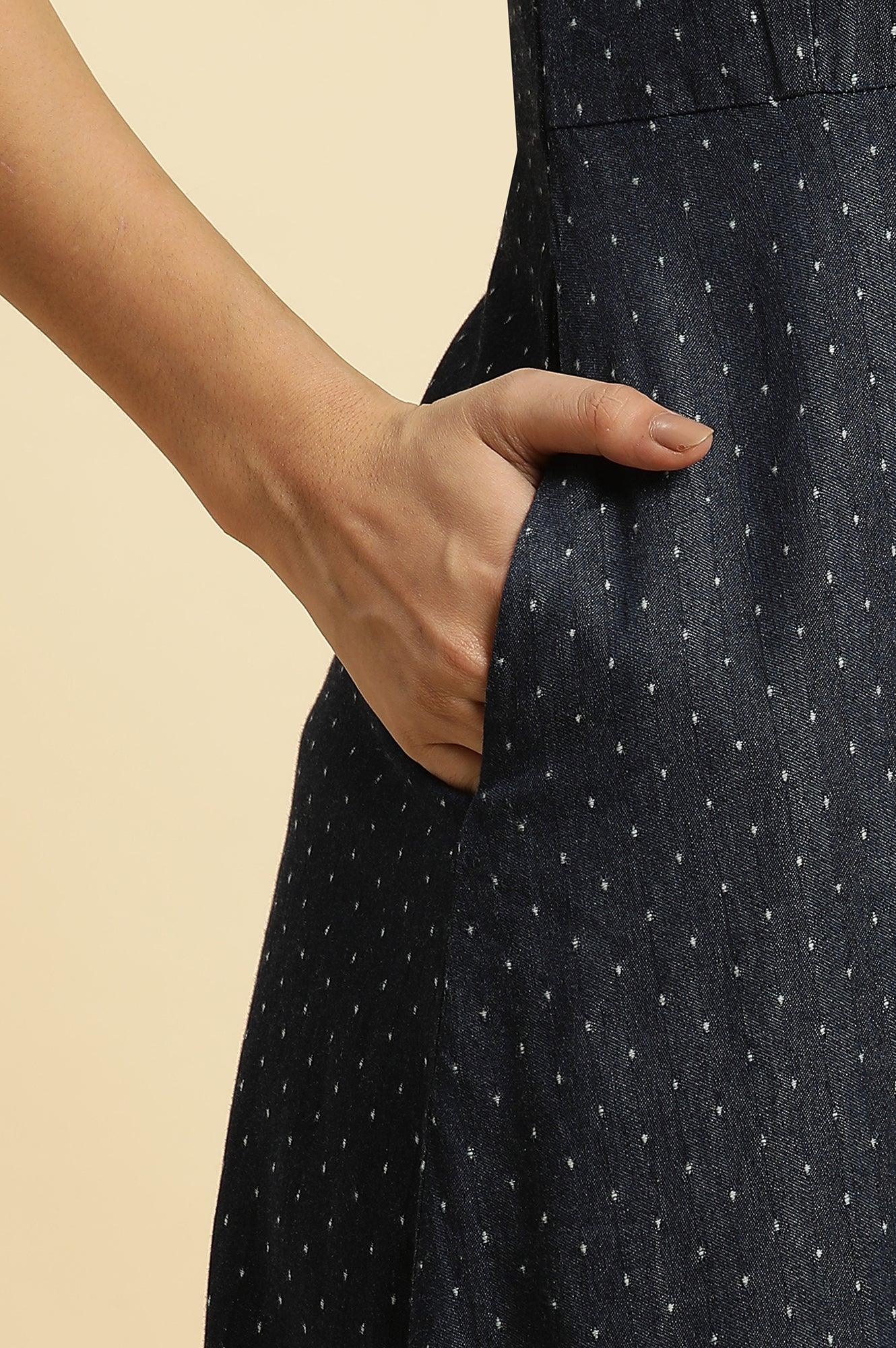 Blue Cotton Sleeveless Embroidered Western Dress - wforwoman