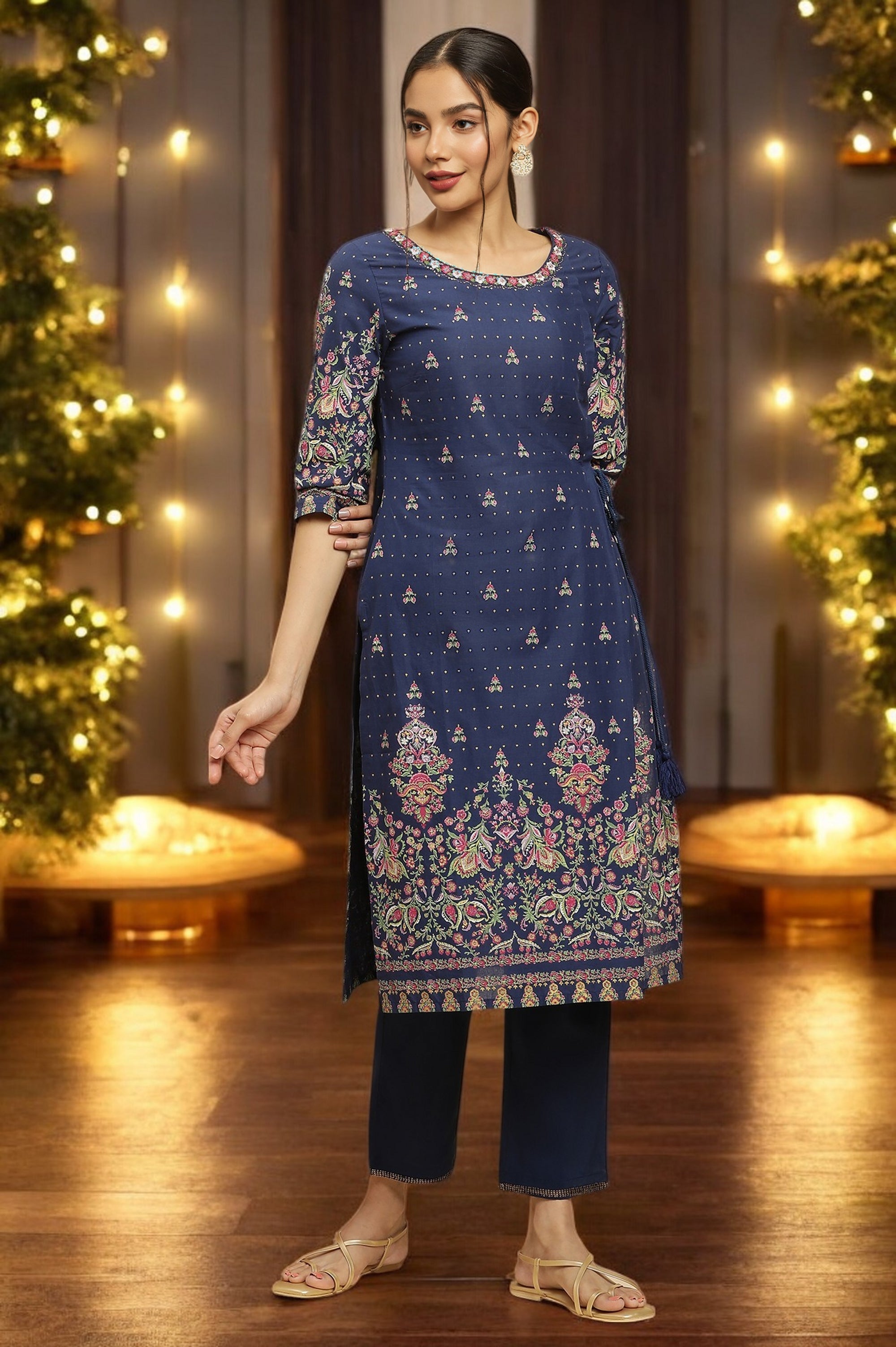 Blue Printed Festive Kurta Wirh Side Tie-Up Design