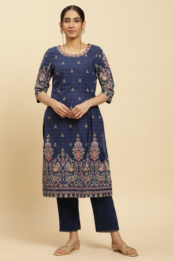 Blue Printed Festive Kurta wirh Side Tie-up Design