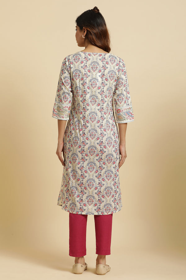 Ecru Cotton Kurta with Multi-coloured Floral Print