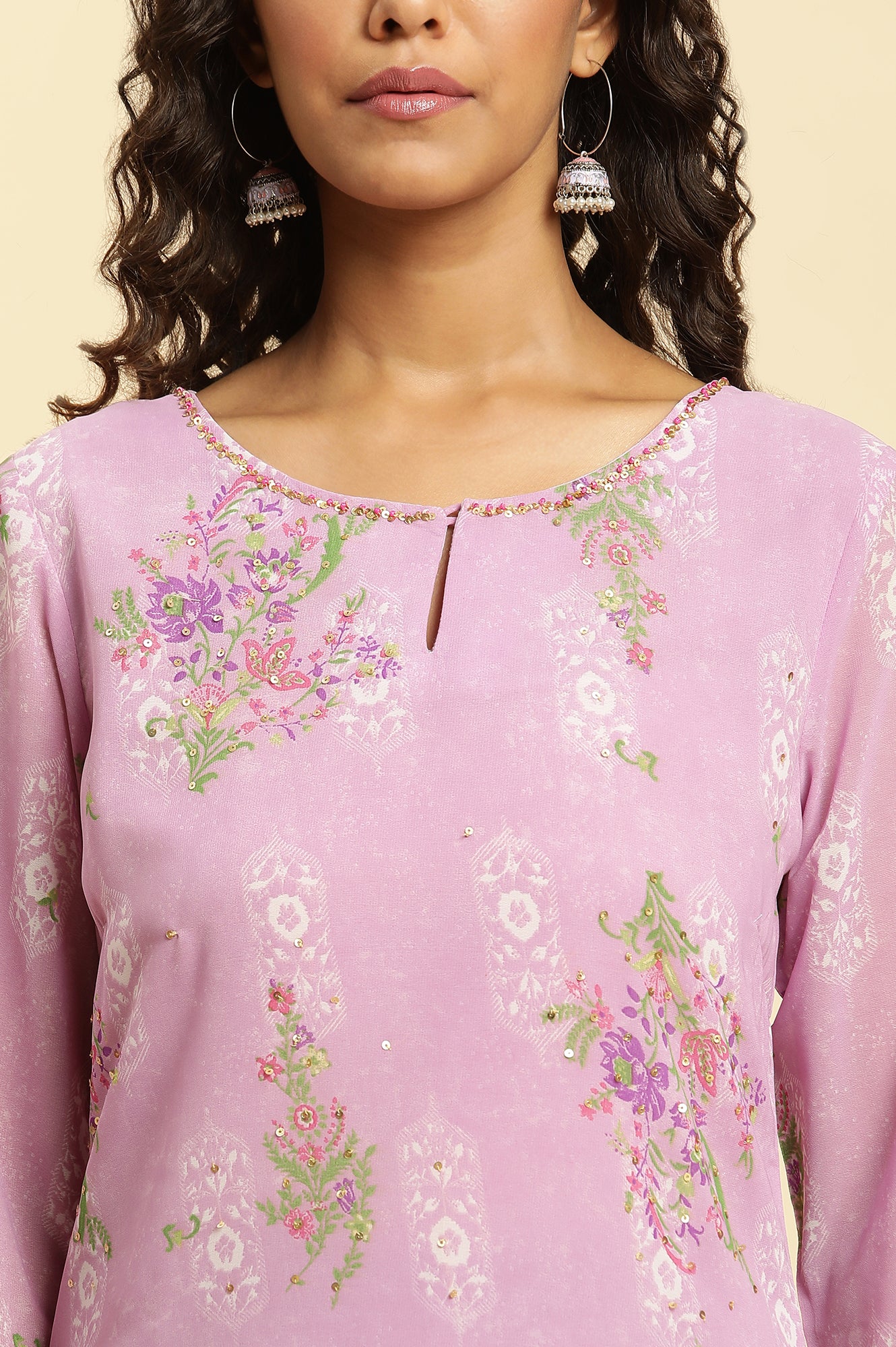 Purple Floral Printed Sequins Georgette Straight Kurta and Parallel Pant Set