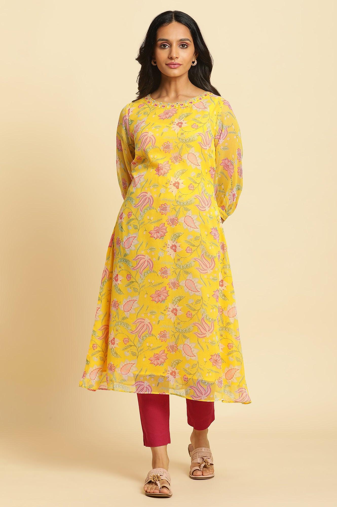 Marigold Yellow Floral Printed Kurta - wforwoman