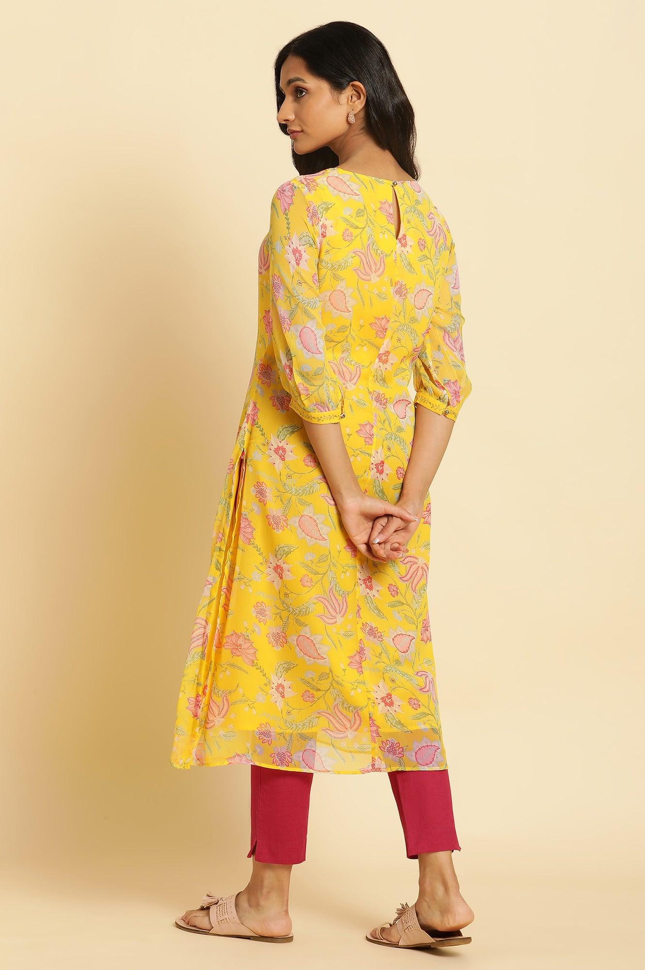 Marigold Yellow Floral Printed Kurta - wforwoman