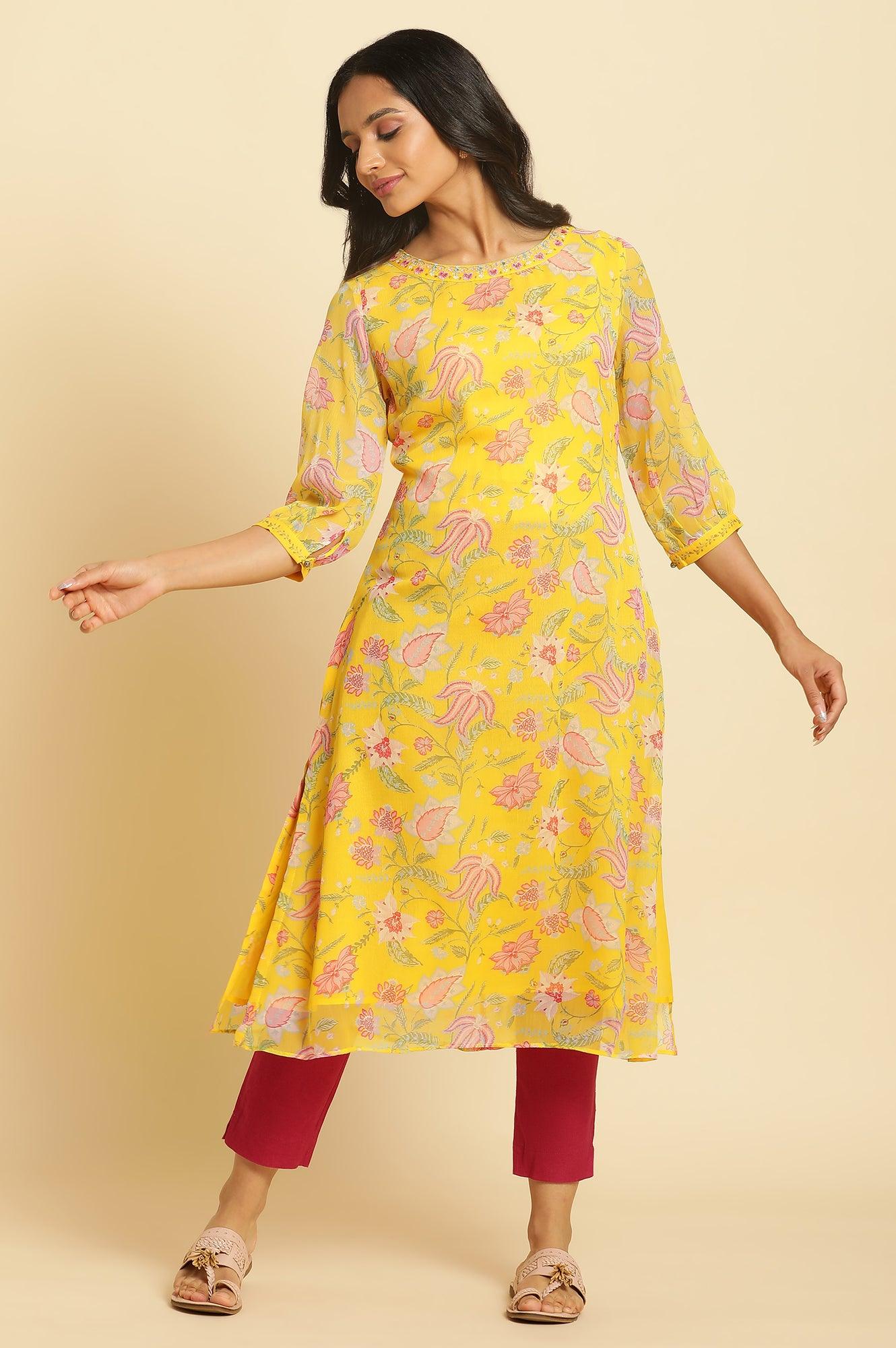Marigold Yellow Floral Printed Kurta - wforwoman
