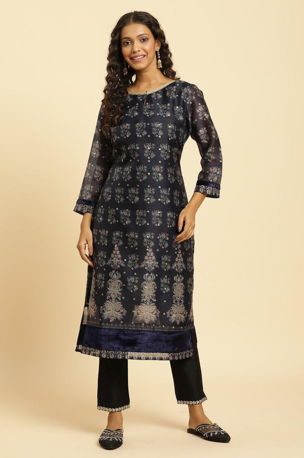 Blue Floral Printed Kurta With Metallic Embroidery