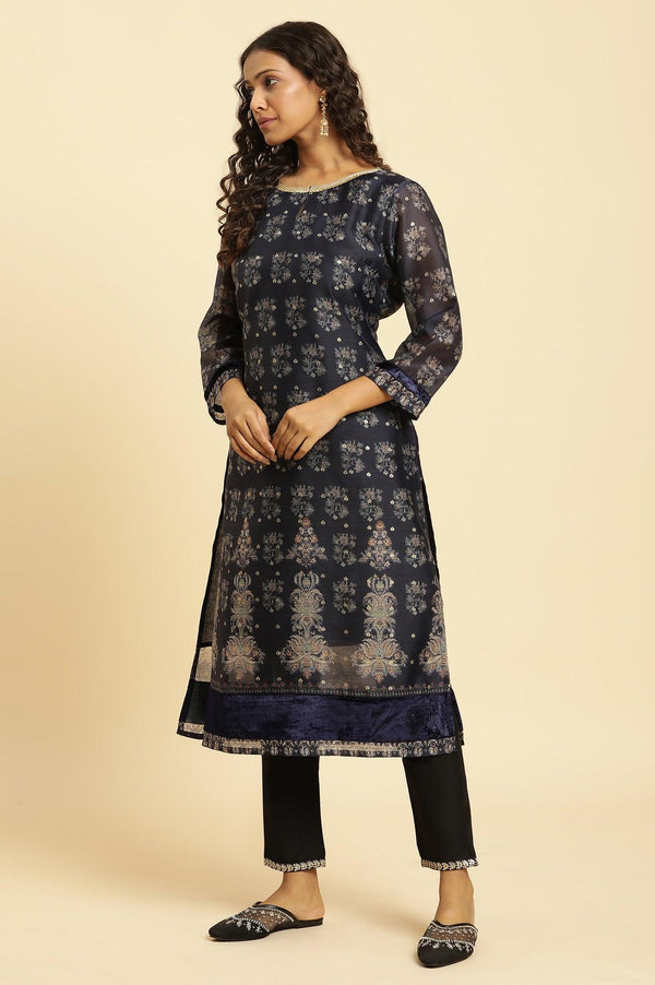 Blue Floral Printed Kurta With Metallic Embroidery