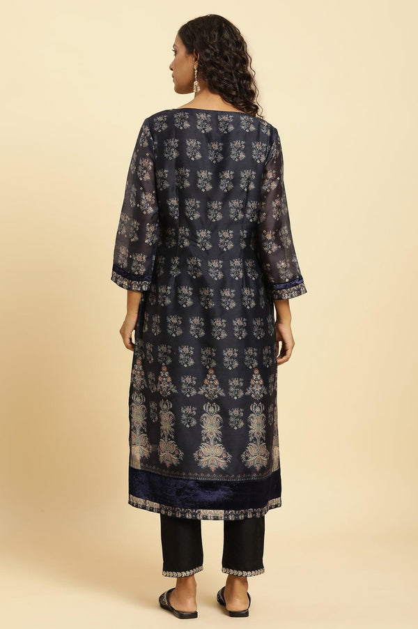 Blue Floral Printed Kurta With Metallic Embroidery