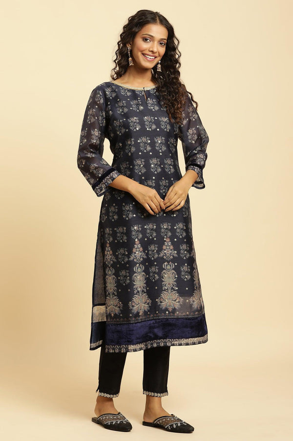Blue Floral Printed Kurta With Metallic Embroidery