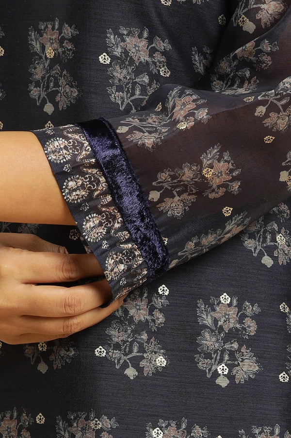 Blue Floral Printed Kurta With Metallic Embroidery