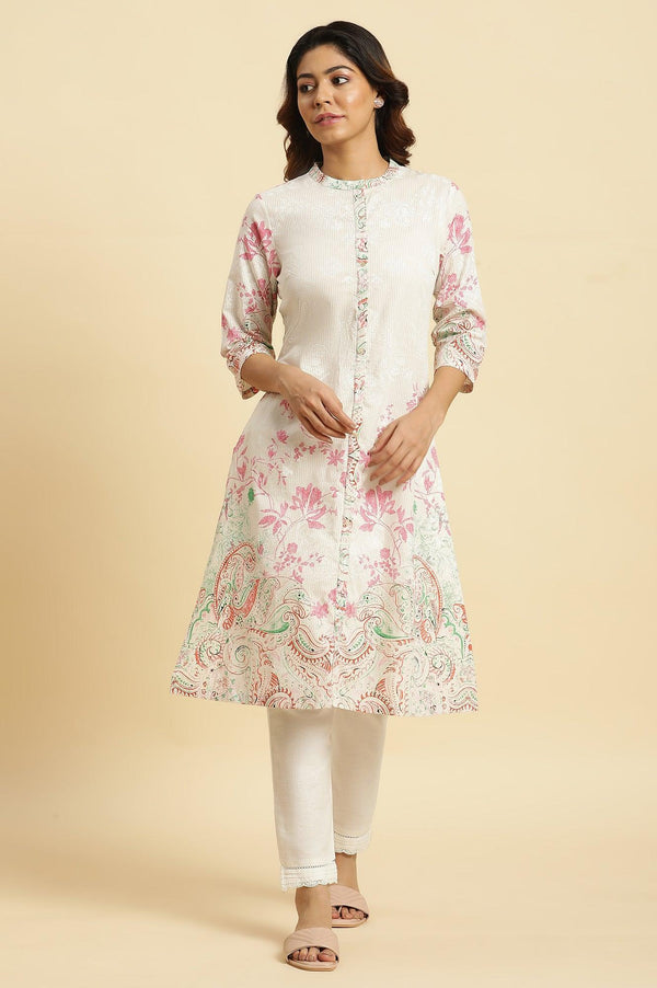 Ecru Mandarin Collar Kurta With Multi-Coloured Print