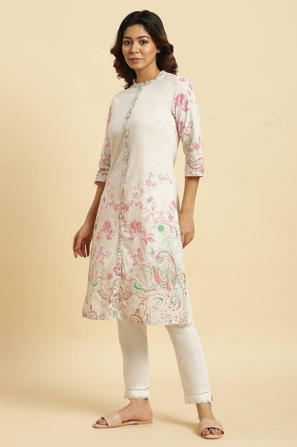 Ecru Mandarin Collar Kurta With Multi-Coloured Print