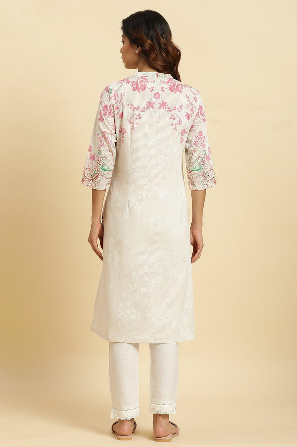 Ecru Mandarin Collar Kurta With Multi-Coloured Print