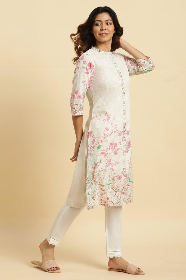 Ecru Mandarin Collar Kurta With Multi-Coloured Print