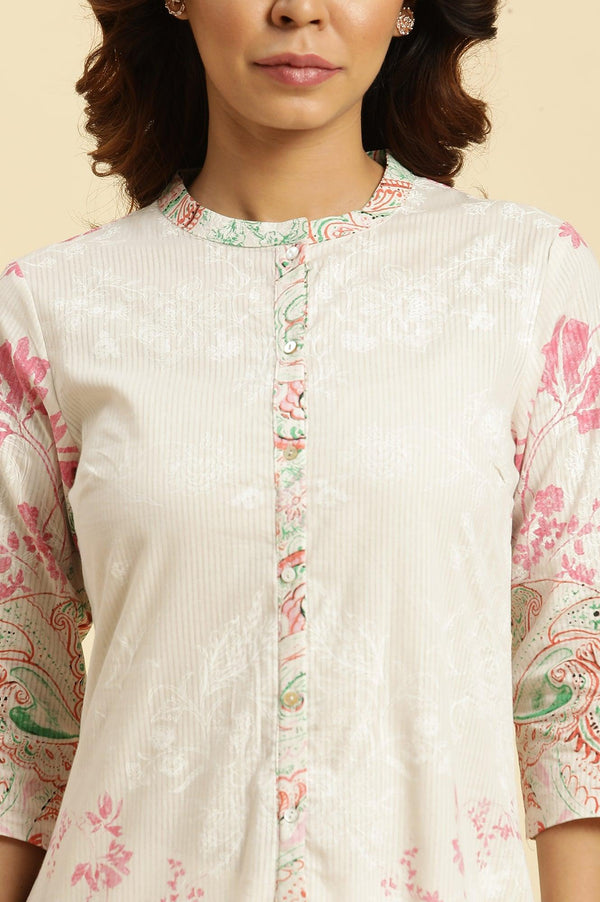 Ecru Mandarin Collar Kurta With Multi-Coloured Print