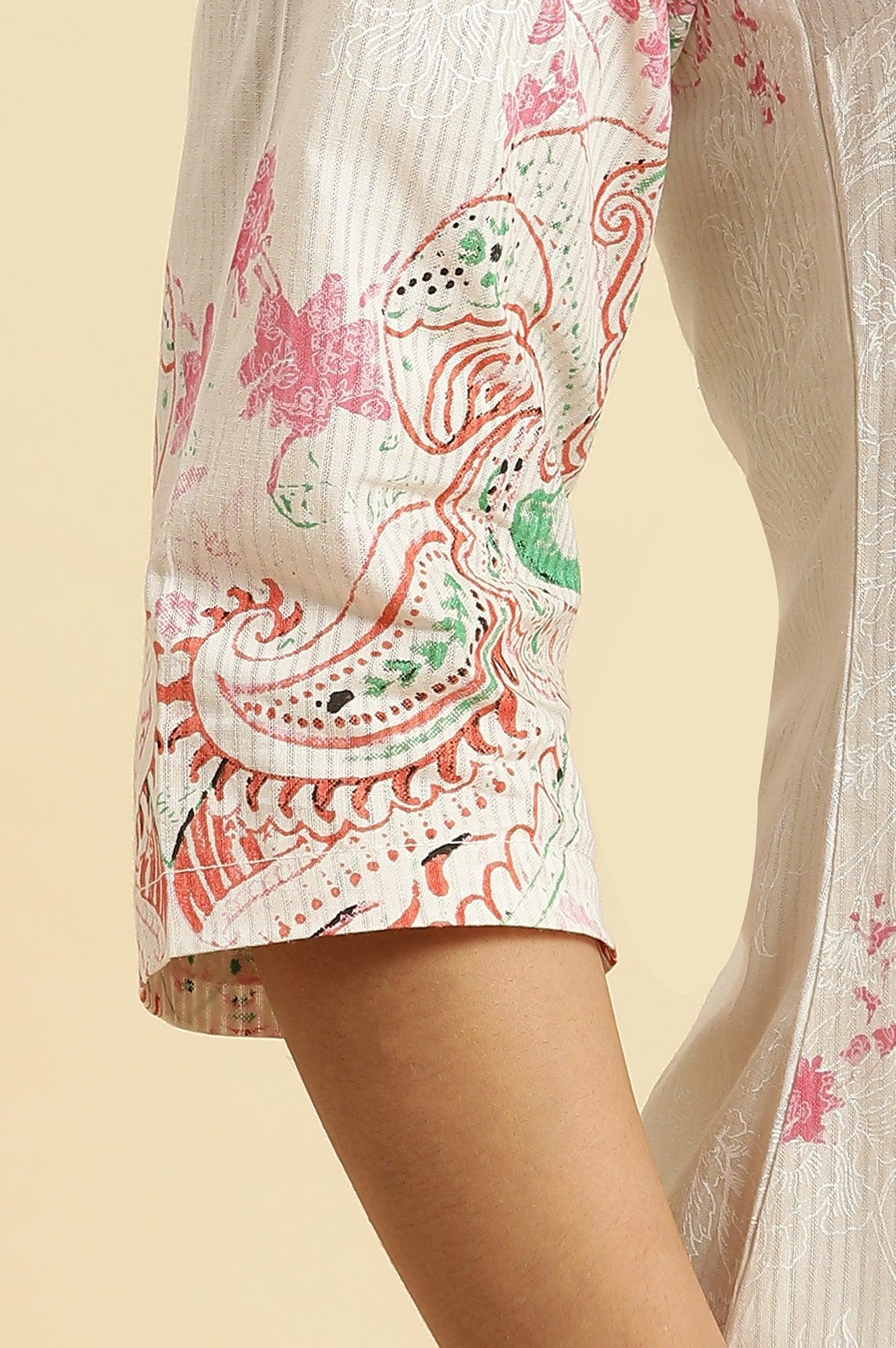 Ecru Mandarin Collar Kurta With Multi-Coloured Print - wforwoman