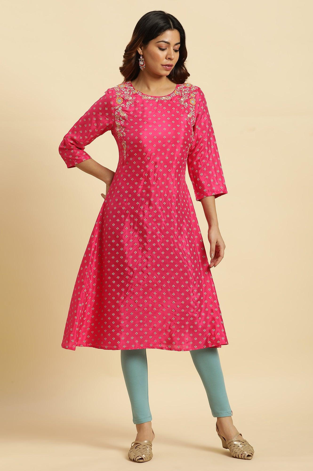 Dark Pink Embroidered A-Line Festive Kurta - wforwoman