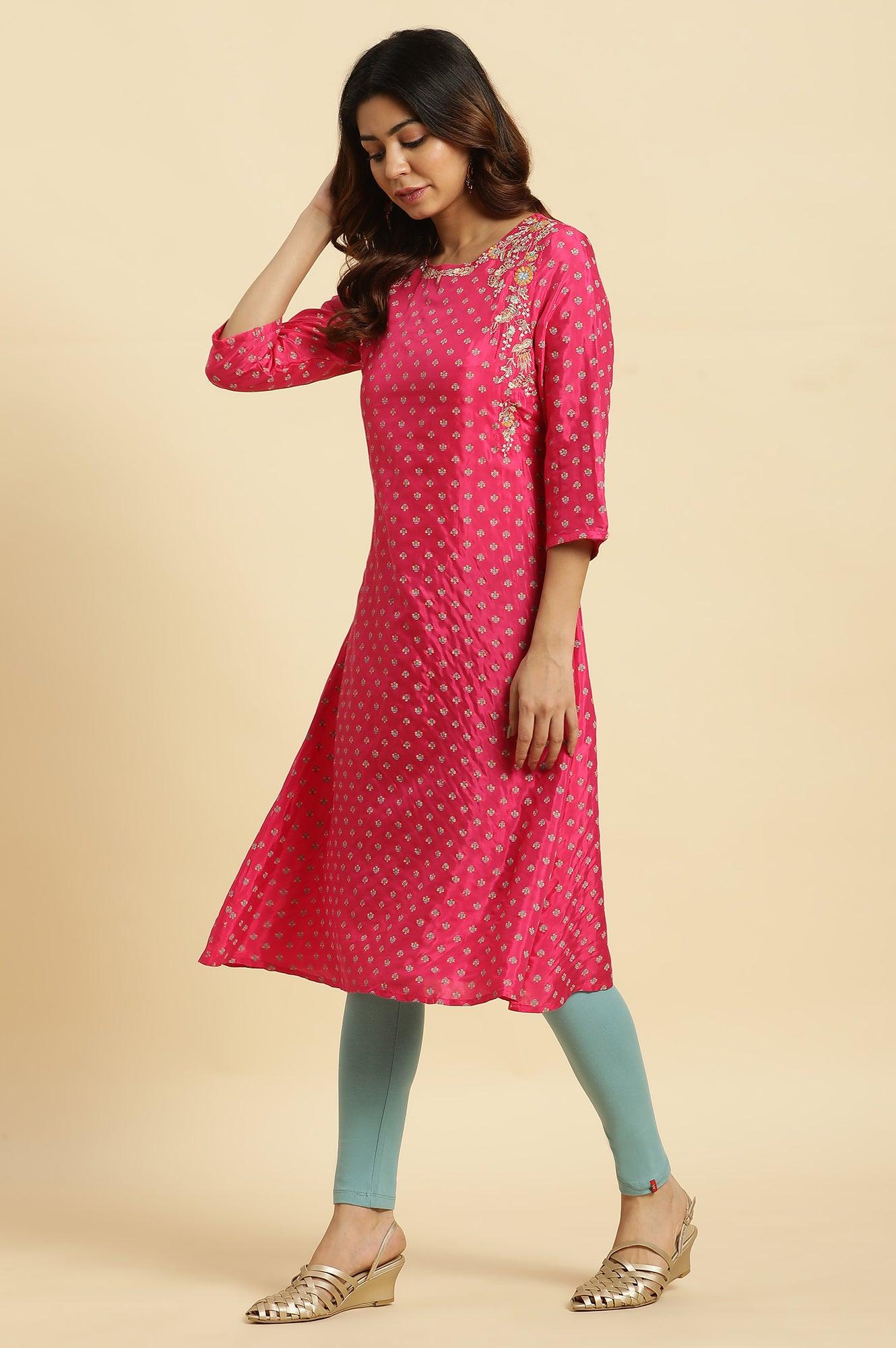 Dark Pink Embroidered A-Line Festive Kurta - wforwoman