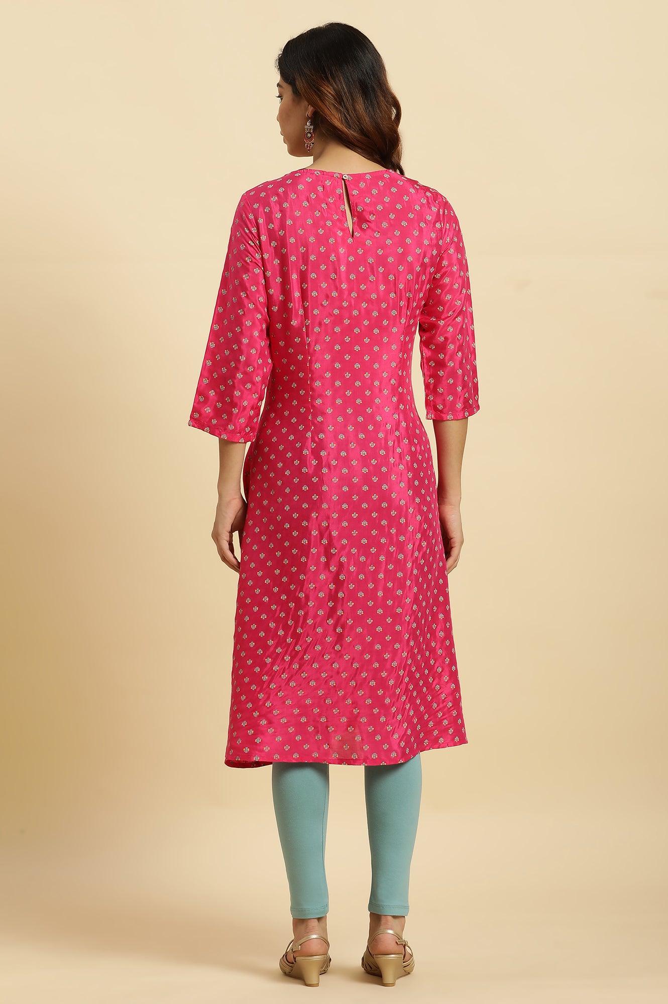 Dark Pink Embroidered A-Line Festive Kurta - wforwoman
