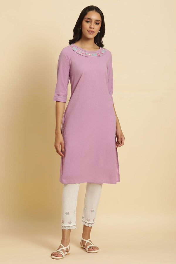 Light Purple Textured Cotton Embroidered Kurta
