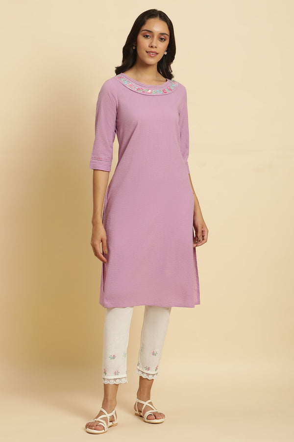 Light Purple Textured Cotton Embroidered Kurta