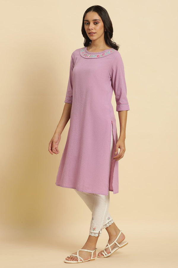Light Purple Textured Cotton Embroidered Kurta