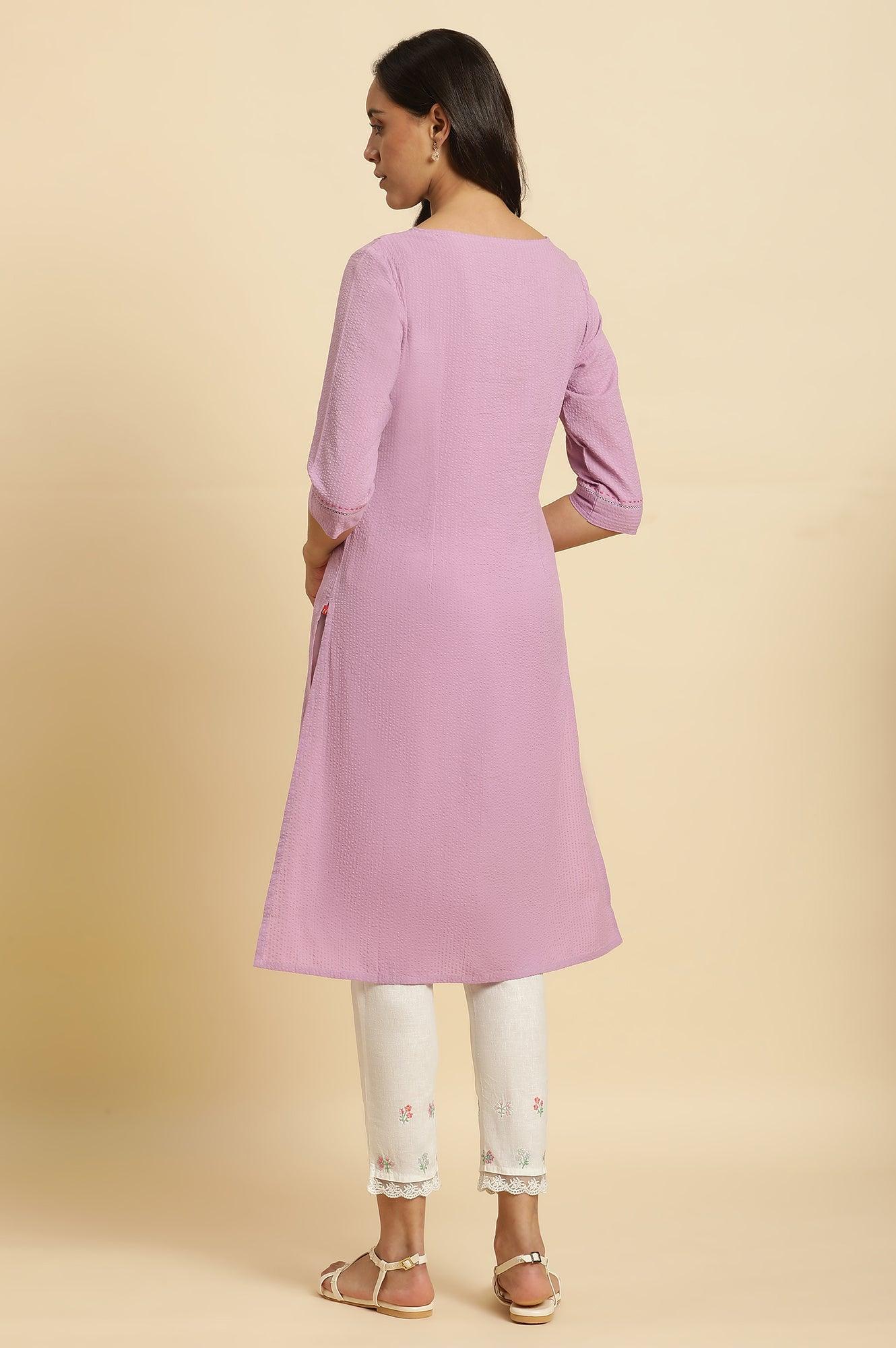 Light Purple Seer Sucker Embroidered Kurta - wforwoman