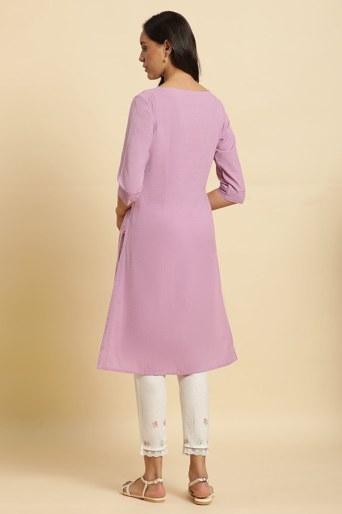 Light Purple Seer Sucker Embroidered Kurta - wforwoman