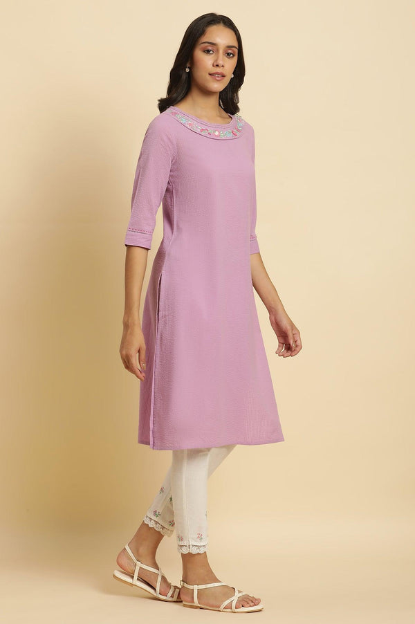 Light Purple Textured Cotton Embroidered Kurta