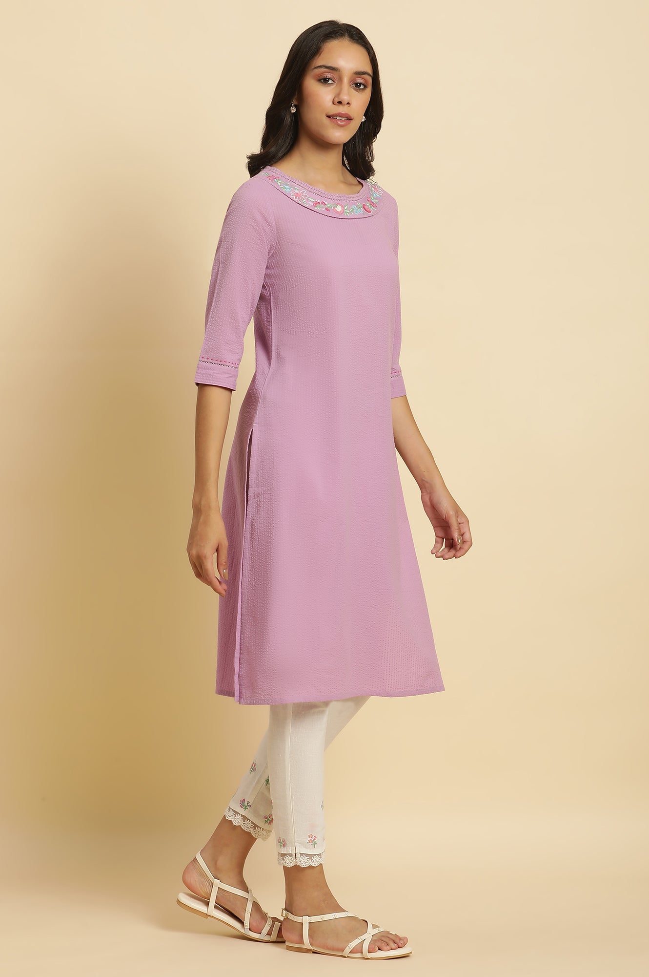 Light Purple Seer Sucker Embroidered Kurta - wforwoman