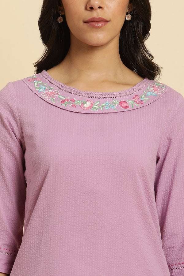 Purple Thread Embroidered Textured Cotton Straight Kurta and Parallel Pant Set