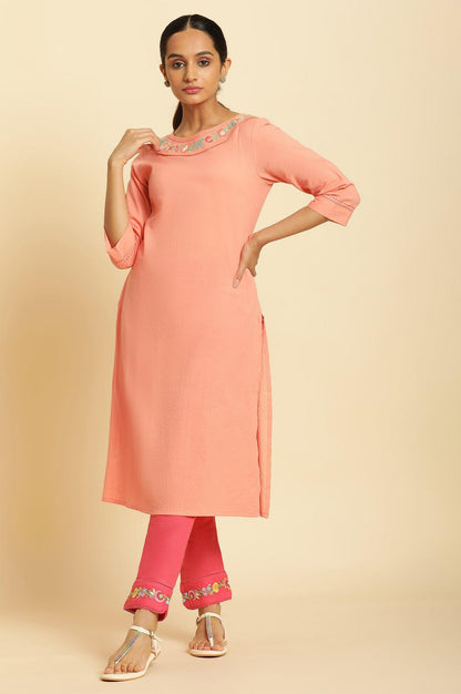Coral Seer Sucker Kurta With Multi-Coloured Floral Embroidery - wforwoman