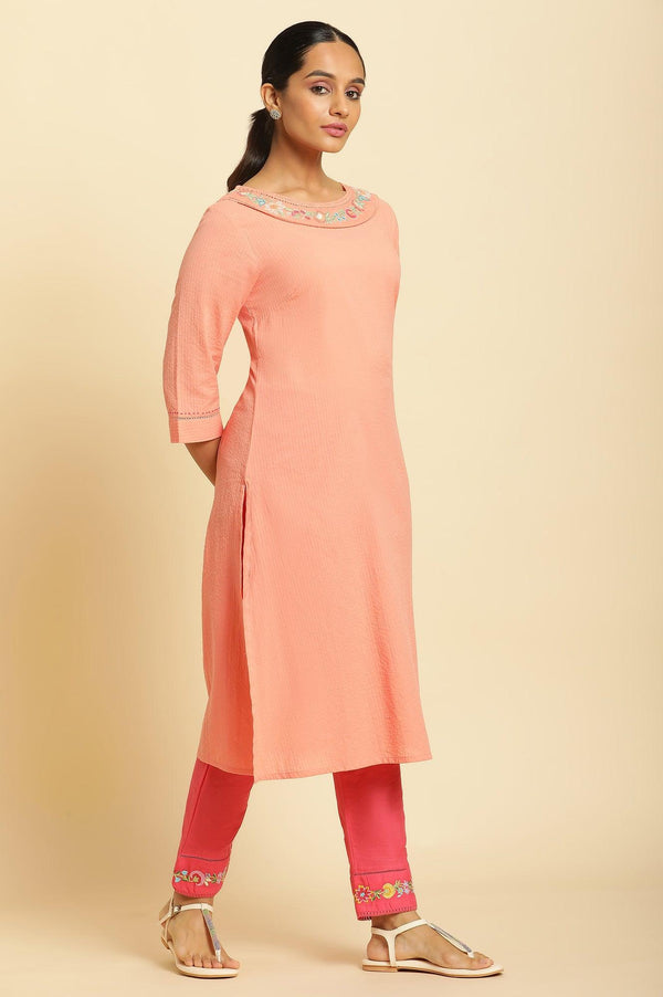 Coral Thread Embroidered Textured Cotton Kurta