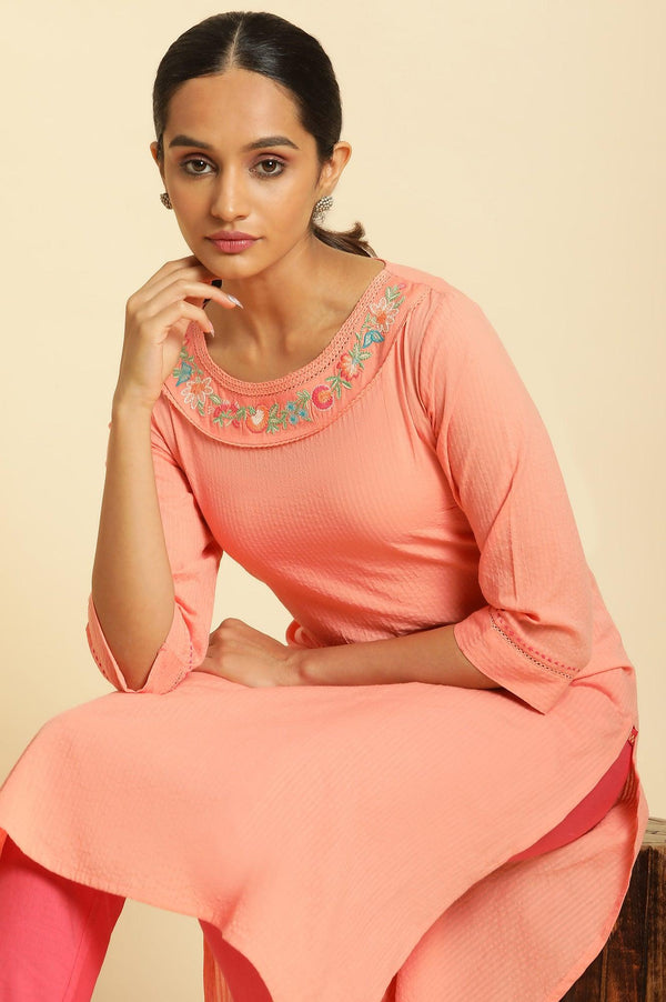 Coral Thread Embroidered Textured Cotton Kurta