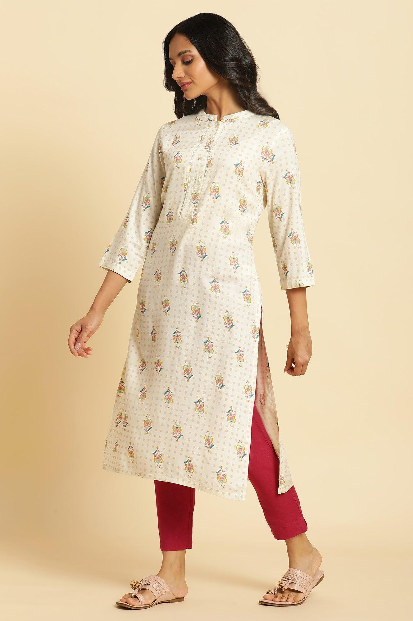 Ivory Floral Printed Straight Kurta - wforwoman