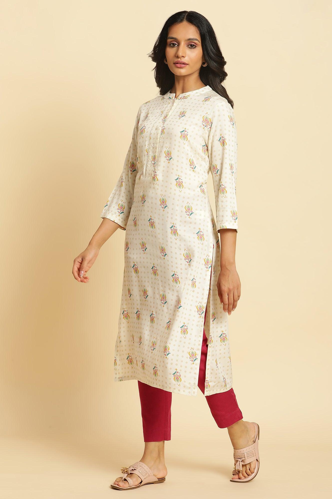 Ivory Floral Printed Straight Kurta - wforwoman