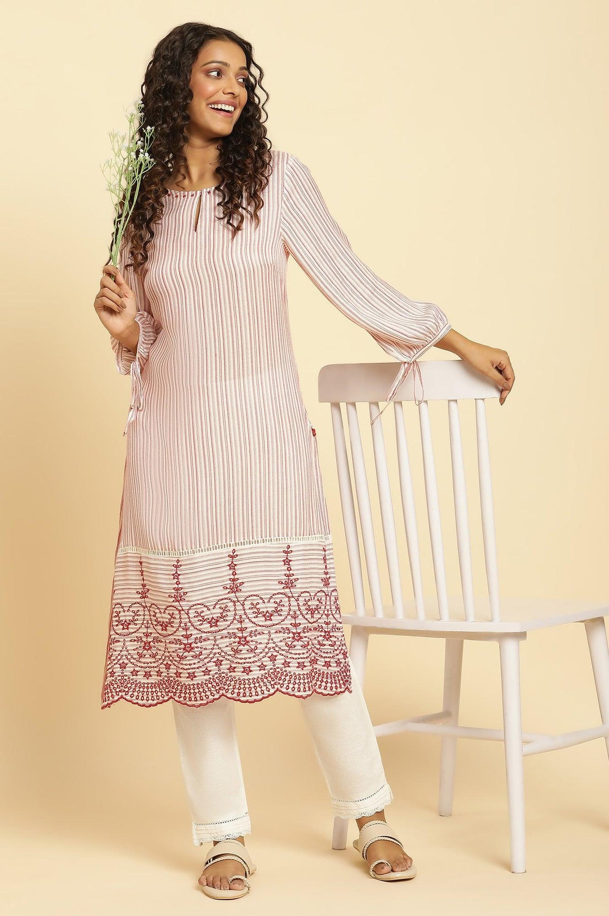 Red and White Striped Schiffli Embroidered Straight Kurta - XS