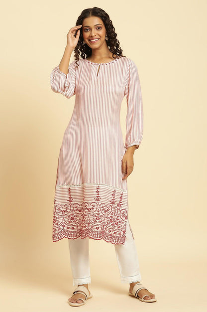 Red And White Stripes Kurta With Schiffli Embroidery - wforwoman