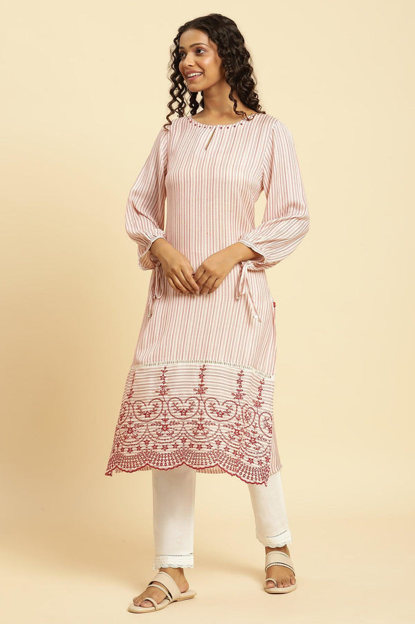 Red and White Striped Schiffli Embroidered Straight Kurta